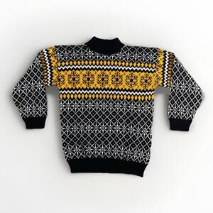 Vintage American Pride Acrylic Sweater Large Black Yellow Fair Isle Snowflake